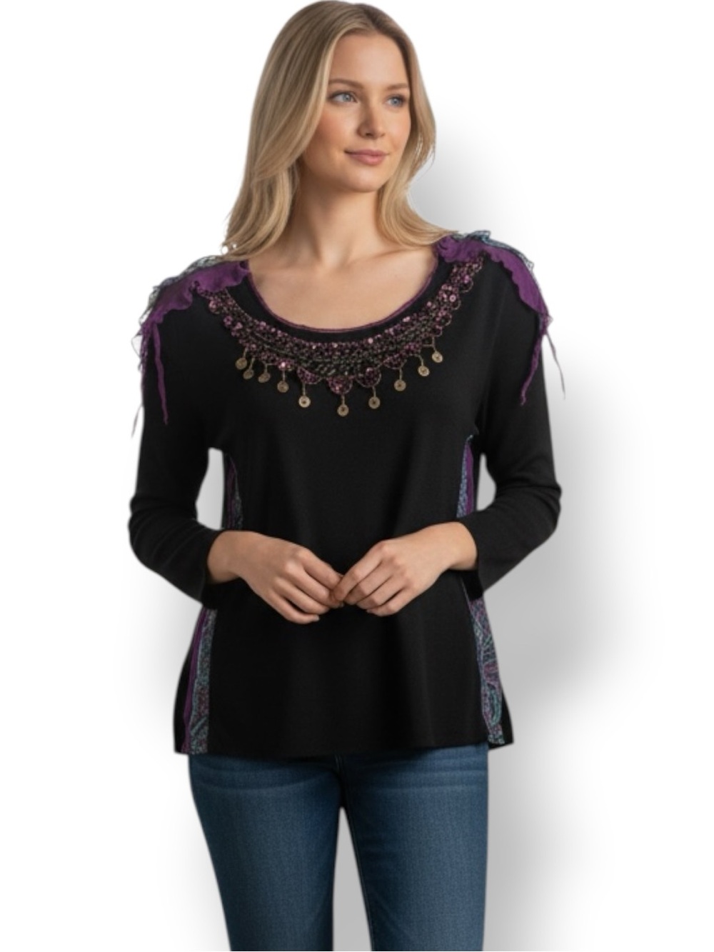 Black Top with Purple Mesh & Bead Embellished Shoulders & Neckline. Women’s Sz M